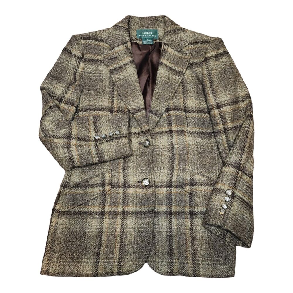 Vtg Ralph Lauren Equestrian Wool Blazer Jacket Tweed Plaid Horse Button Size 6